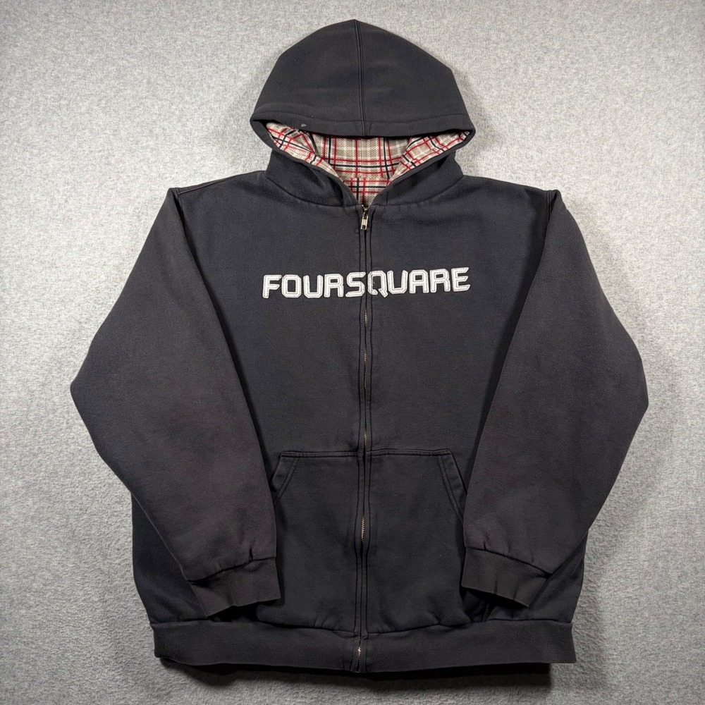 Foursquare Full Zip Hoodie Mens Large? Black Vintage Plaid Lined Y2K 2000s Skate